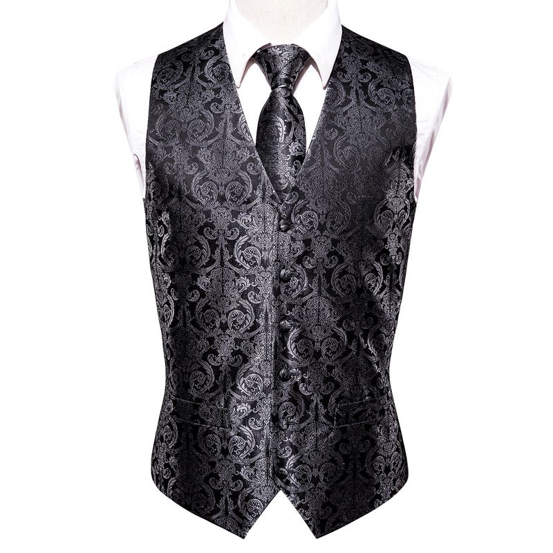 Hi-Tie Silk Floral Black and Silver Suit Vests Set for Mens Necktie Jacquard Formal Dress Waistcoat for Tuxedo Wedding Party Business - Image 5